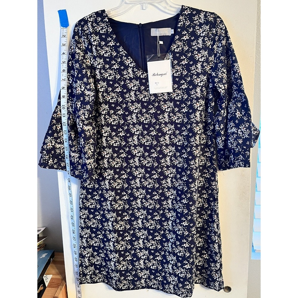 Belongsci Women's Dress‎ V-Neck 3/4 Sleeve Casual Zip Up Blue Floral Small Navy